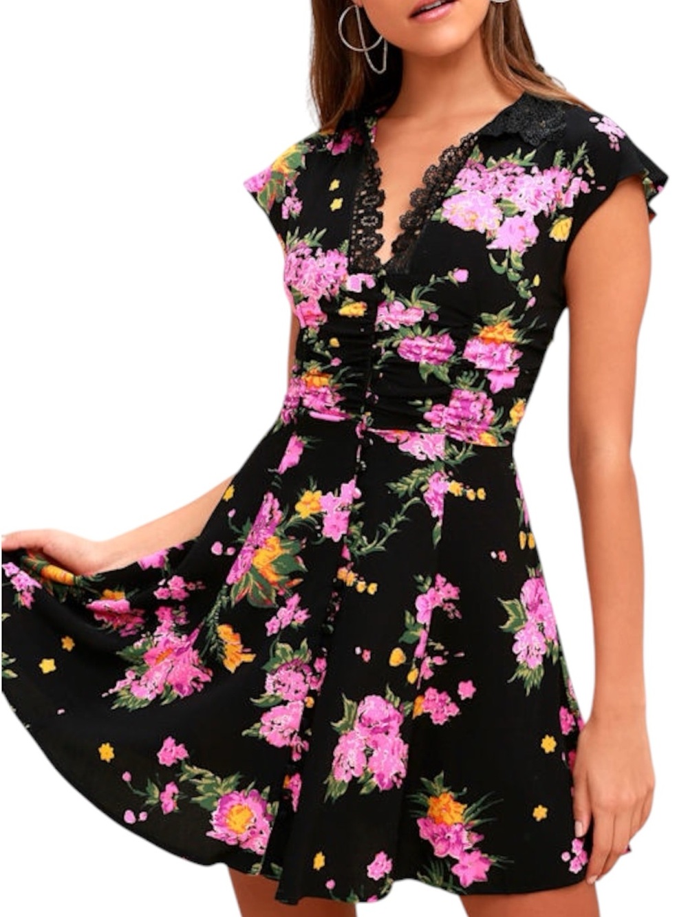 💐Free People Alora Black Floral Print Mini Dress SZ 4🌸